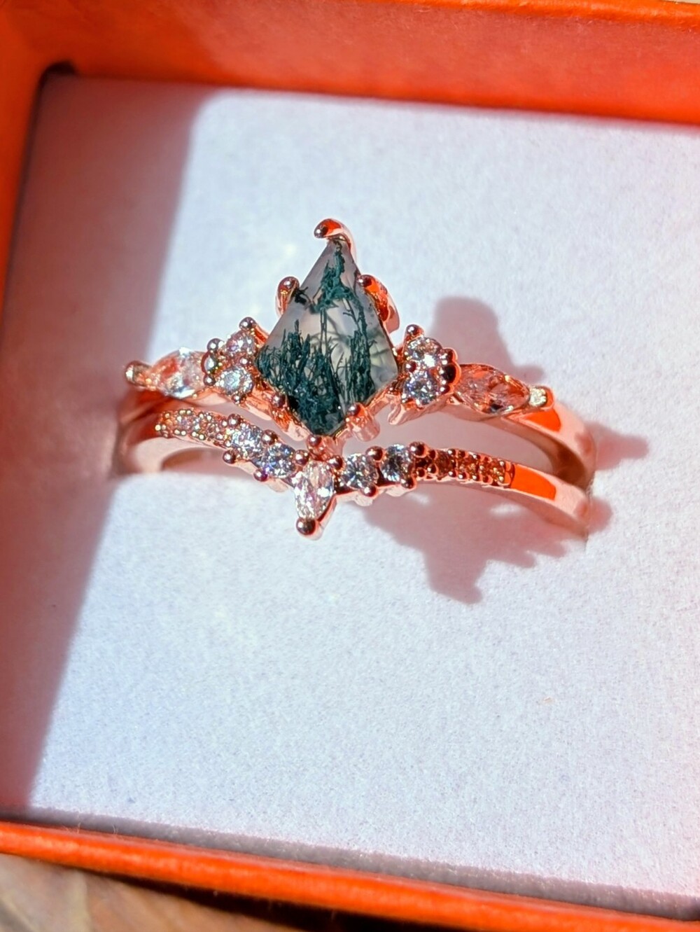 Handmade Rose Gold Moss Agate Engagement Ring Set with Clear Quartz Accents